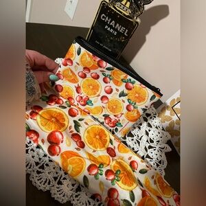 Small Orange & Cherry Cosmetic bag With Extra Fabric - Handmade - No tags